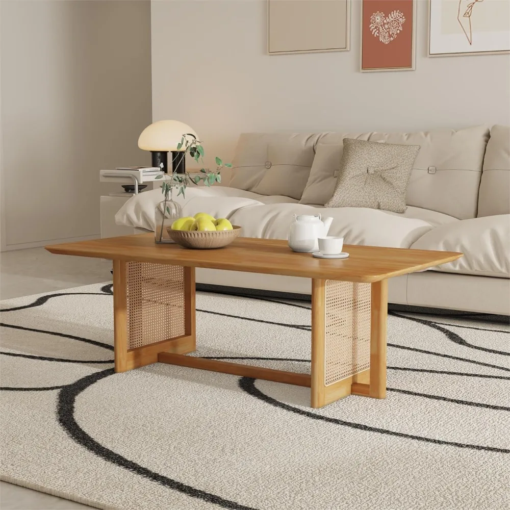 

Solid Wood Coffee Table for Living Room, Boho Rectangle Coffee Table with Wood Top and Rattan-Inspired Legs for Living Room,Nat