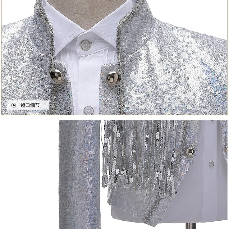 2026 Fashion Handsome Silver Sequin Tassel Small Blazer for Men,Banquet/Party/Nighttime Singer/DJ /Stage Performance Mens Jacket