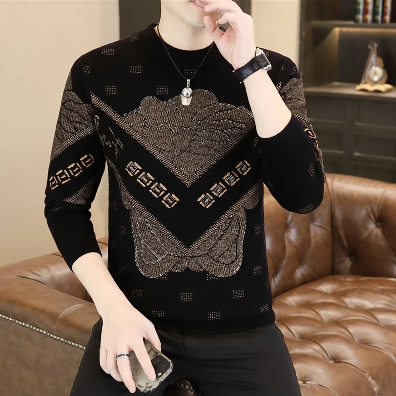 

Мужской утепленный вязаный свитер: повседневный, теплый, базовый слой, зимний, модный, с длинным рукавом, круглым вырезом, геометрическим узором
