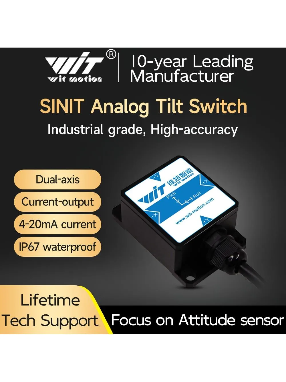 WitMotion SINIT dwuosiowy analogowy przełącznik nachylenia prądu (4-20mA, -90 stopni) inklinometr bezpieczeństwa, antywibracyjny — zdjęcie produktu 7