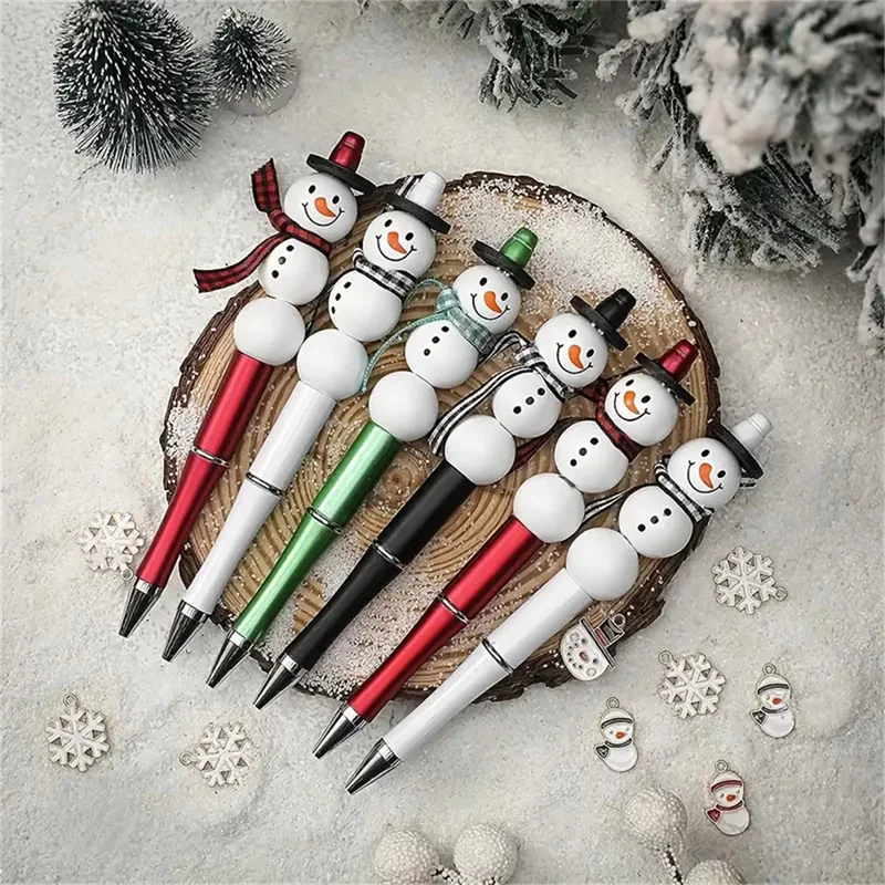 8pieces Christmas Snowman DIY Beaded Ballpoint Pen Kit with Wooden Beads Ribbon School Office Supplies for Girls Birthday Gifts