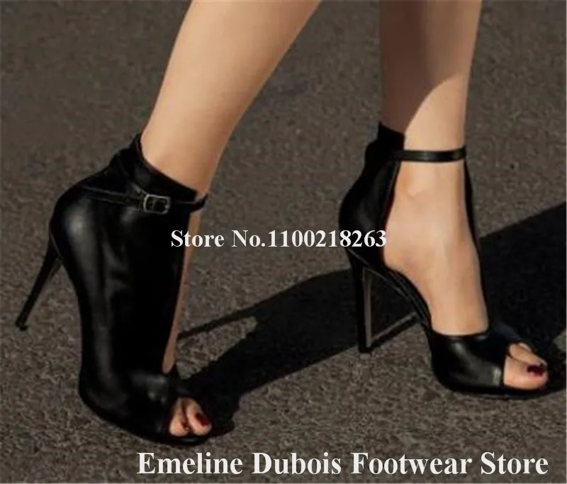 Einzigartige Leder Gladiator Pumpen Emeline Dubois Peep Toe Rot Schwarz Stiletto Ferse Kleid Schuhe Ankle Straps Schnallen High Heels