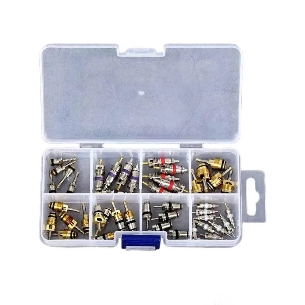 

45PCS A/C Valve Core Kit – 8 Types Air Conditioning Valve Cores Refrigeration Tire Valve Stem Cores Tool Kit Auto Accessories