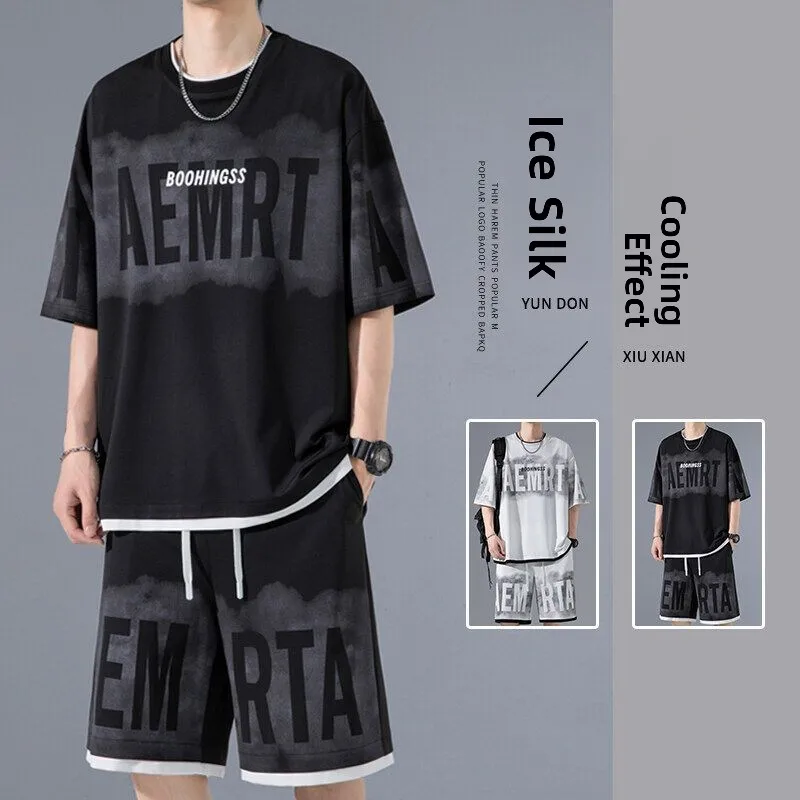mr-wh-ice-silk-short-sleeve-set-men-summer-sportswear-letter-print-t-shirt-shorts-two-piece-set-trendy-brand-casual-sportswear