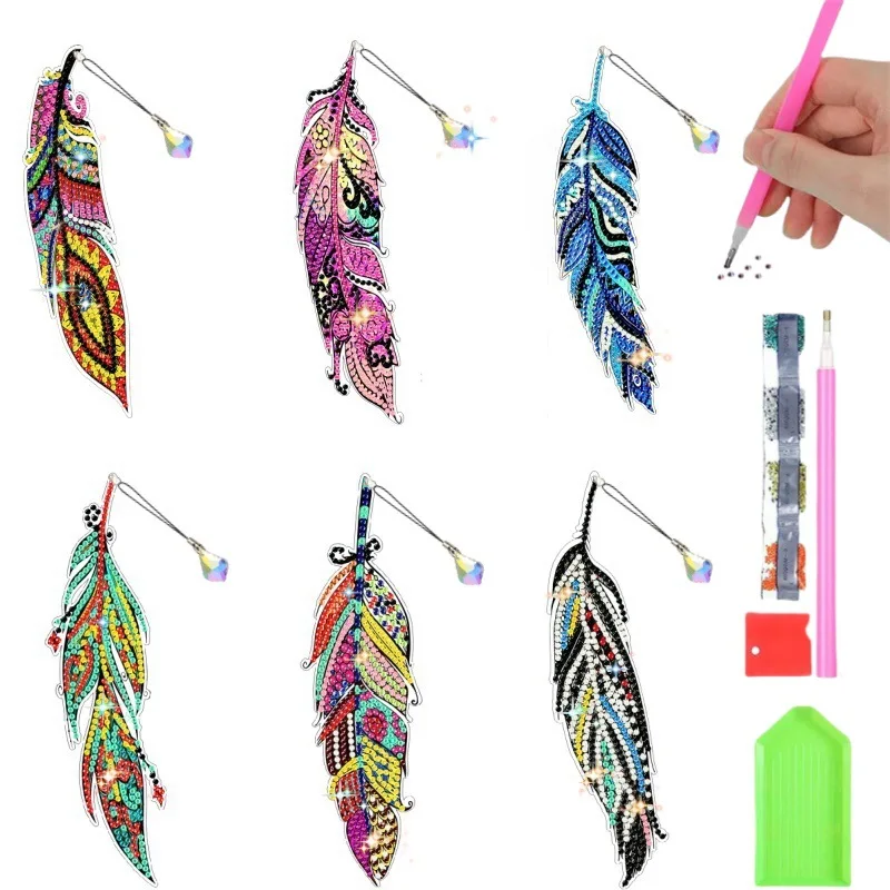 Diamond Painting Feather Bookmarks Crystal Pendant Brilliant Diamonds And Abnormity Drill Single Surface Point Drilling Bookmark