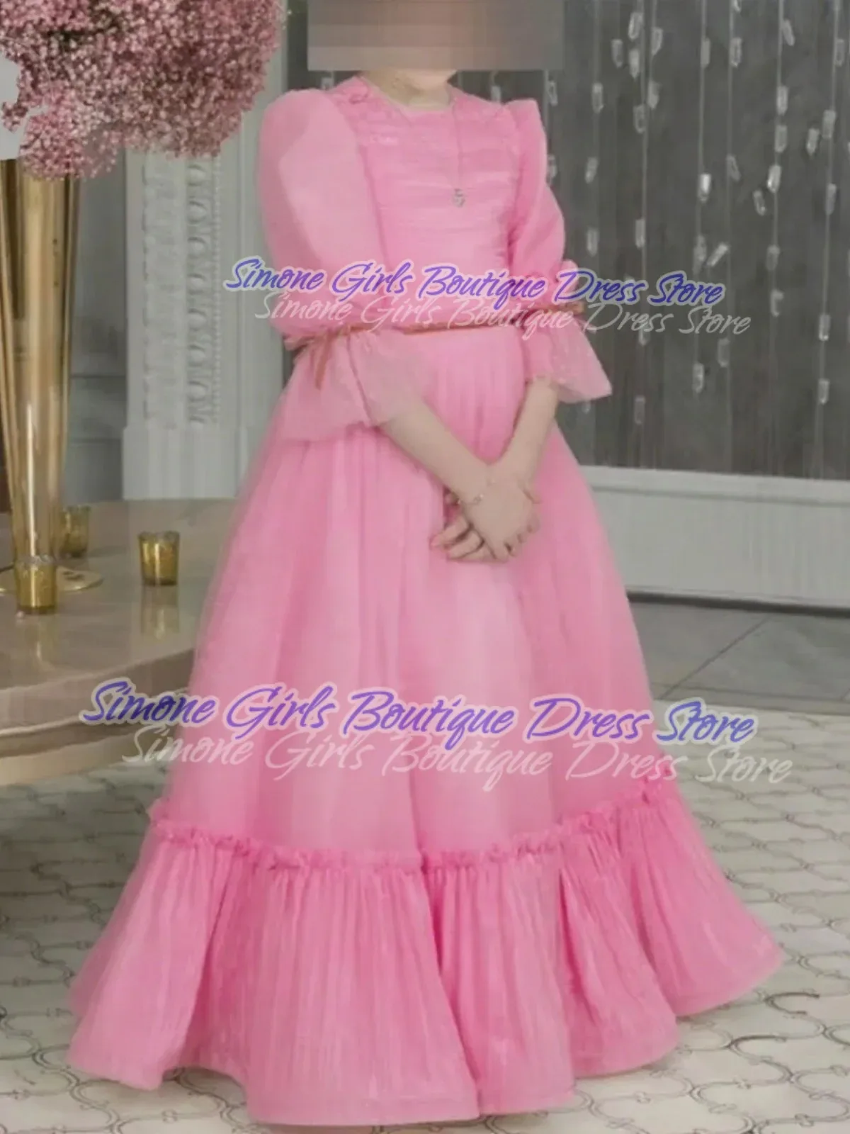 

Elegant First Communion Gown Pleat Half Puff Sleeve Little Princess Wedding Party Flower Girl Dress Floor Length Long Ball Gowns