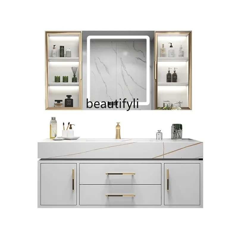 

Stone Plate Ceramic Seamless Whole Washbin Bathroom Cabinet Bathroom Glass Mirror Cabinet Storage Hand Washing and Face Washing