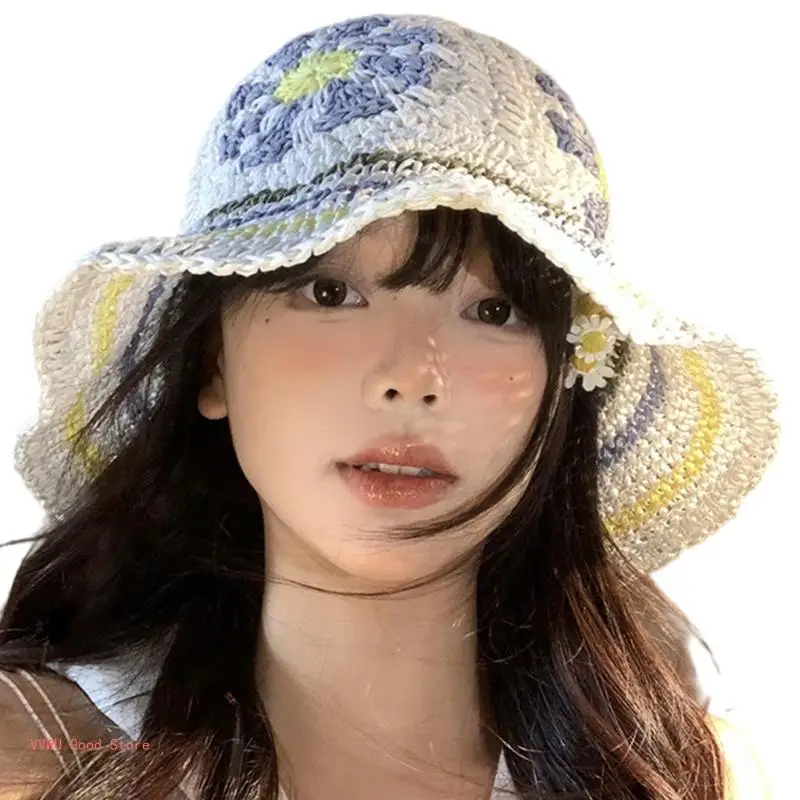 Girl Hollowed Flower Hat Elegant Foldable Camping Hat Sunproof Bucket Straw Hat