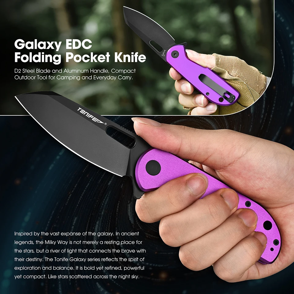 

TONIFE Galaxy EDC Folding Pocket Knife with D2 Steel Blade and Aluminum Handle, Compact Outdoor Tool for Hiking and Camping