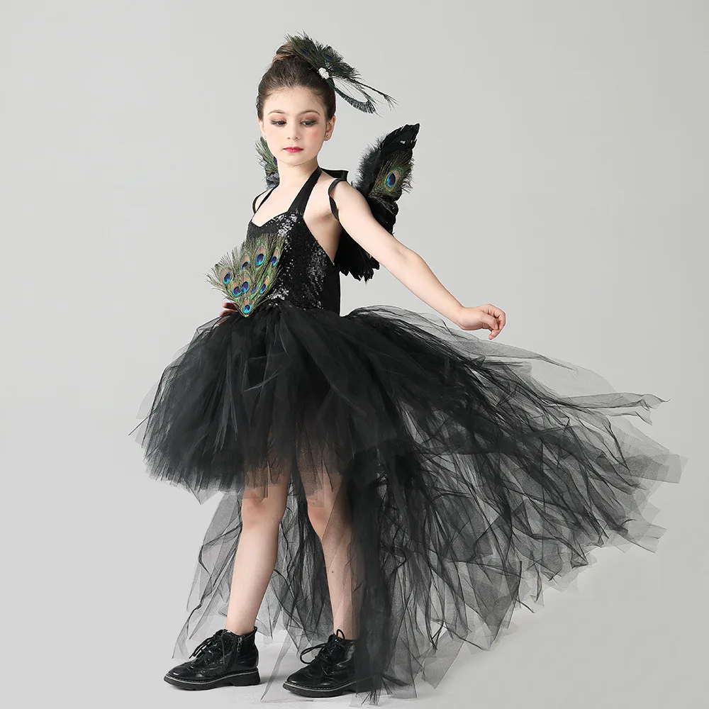 Peacock Formal Tutu Dress Black Sequin Trailing Hem Tulle Skirt Decorative Long Train Outfit For Stage Recital Presentation Wear