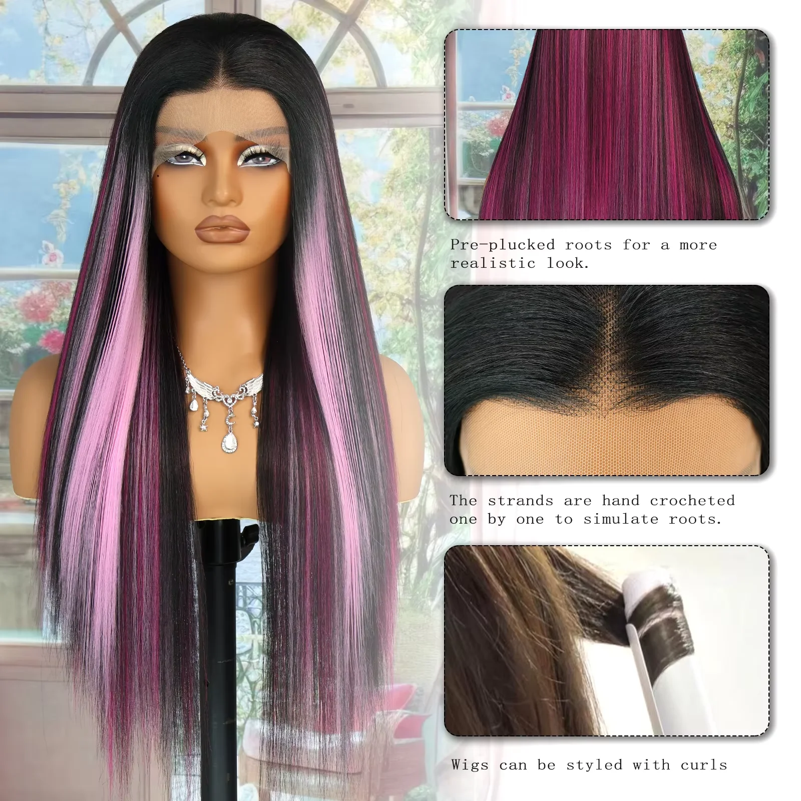 13x4 Lace Front 28Inch Synthetic Wig Ombre Long Straight Hair, Heat Resistant Silky Tangle Free Pre Plucked Hairline Wig