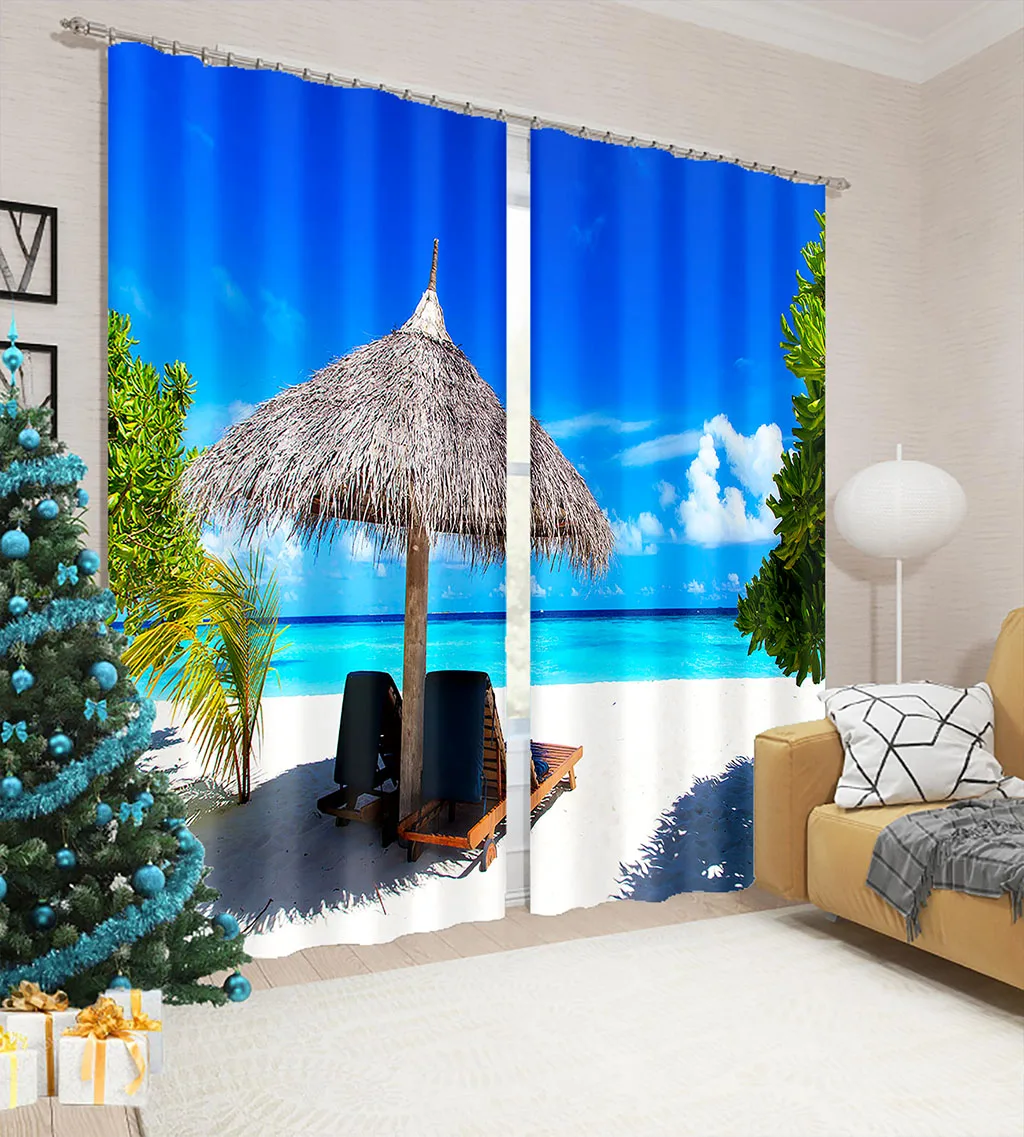 

2 Panel Maldivian Seaside Coconut Tree Print Curtain for Living Room Floor-to-ceiling Window Kitchen Bedroom Blinds cortinas