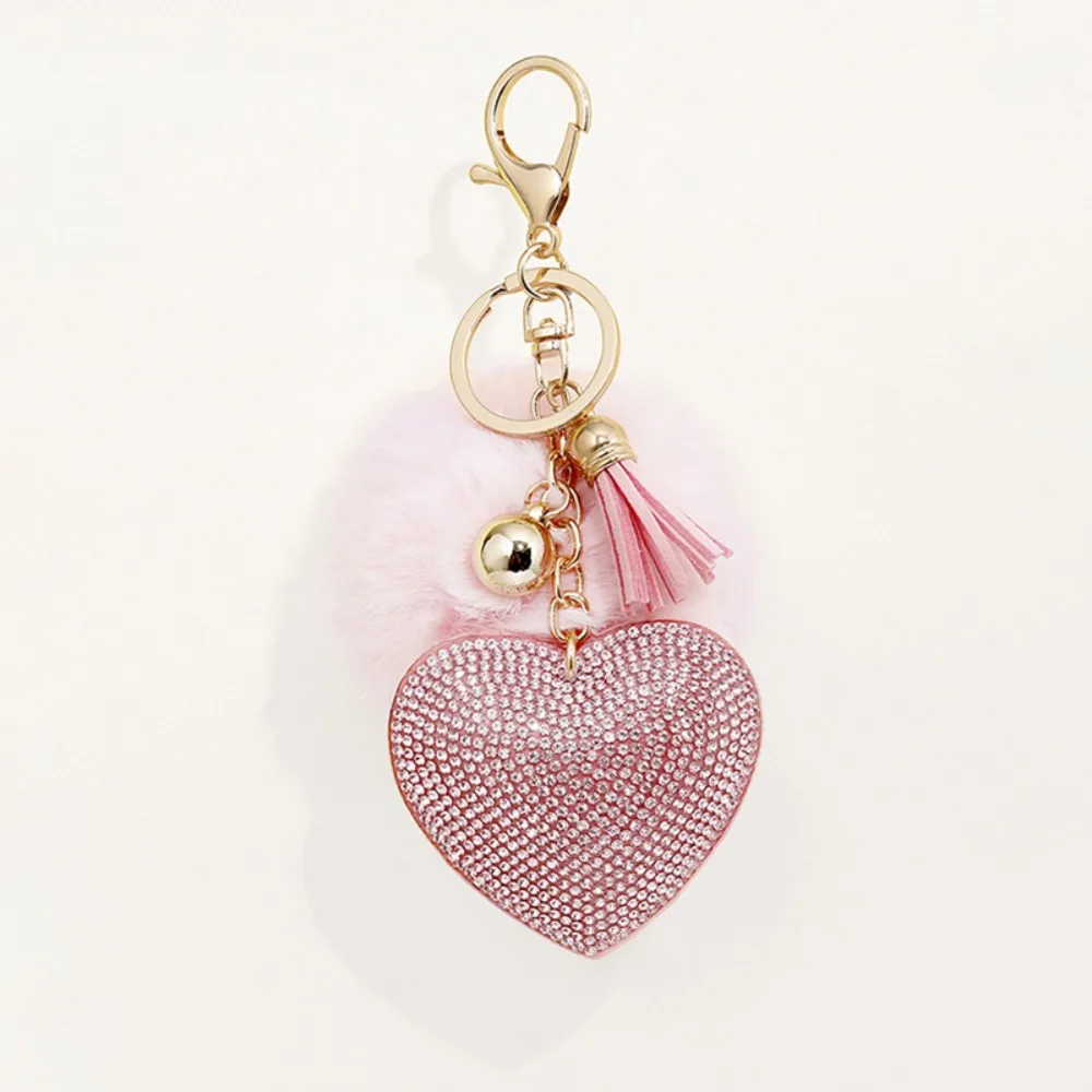 Fashion Faux Fur Ball Keychain Rhinestone Heart Alloy Key Ring Solid Color Furball Keychain Women