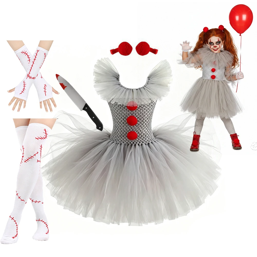Pennywise Inspired Horrible Creature It Clown Tutu Dress Kids Joker Cosplay Costume with Hair Pin Gloves Girl Halloween Apparel