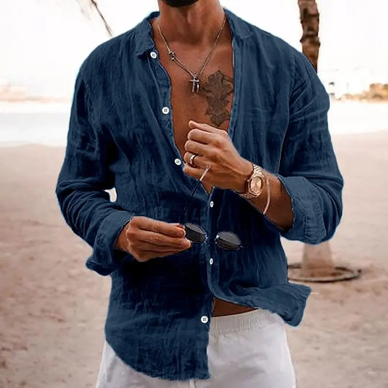 Men's Summer Shirt Casual Lightweight Solid Color Loose Single Breasted Lapel POLYESTER Long Sleeve Shirt Vacation Beach Tops