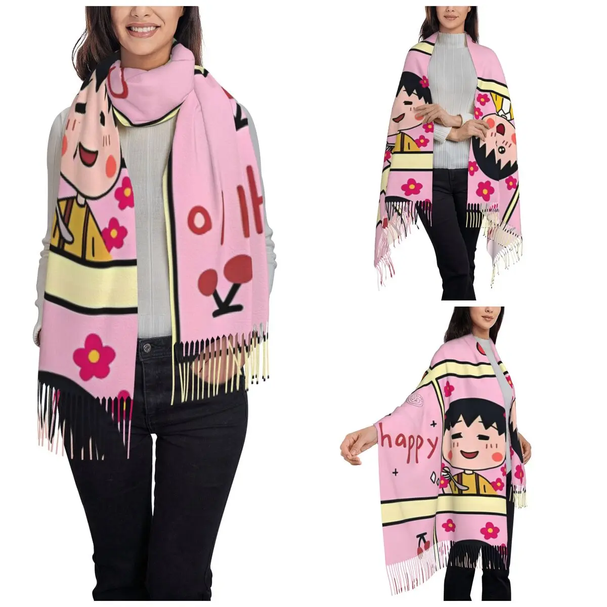 Womens Tassel Scarf Chibi Maruko Chan Long Winter Warm Shawl Wrap Cartoon Anime Cute Daily Wear Pashmina Scarves