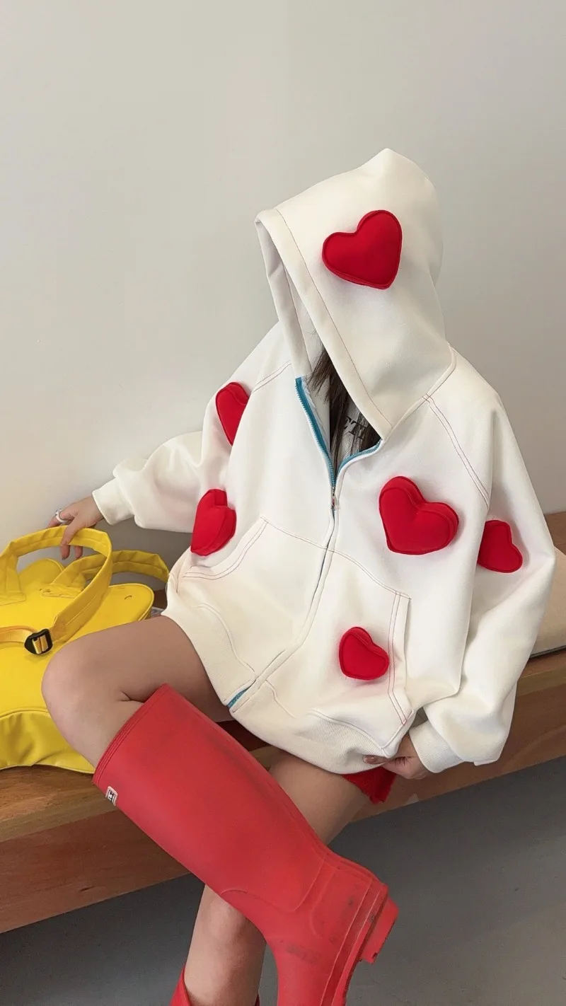 3D Heart Loose Hoodie For Women's Autumn 2025 New Hot-Selling Zipper Cardigan 2025 Autumn Long-sleeves Top Sudaderas De Mujer