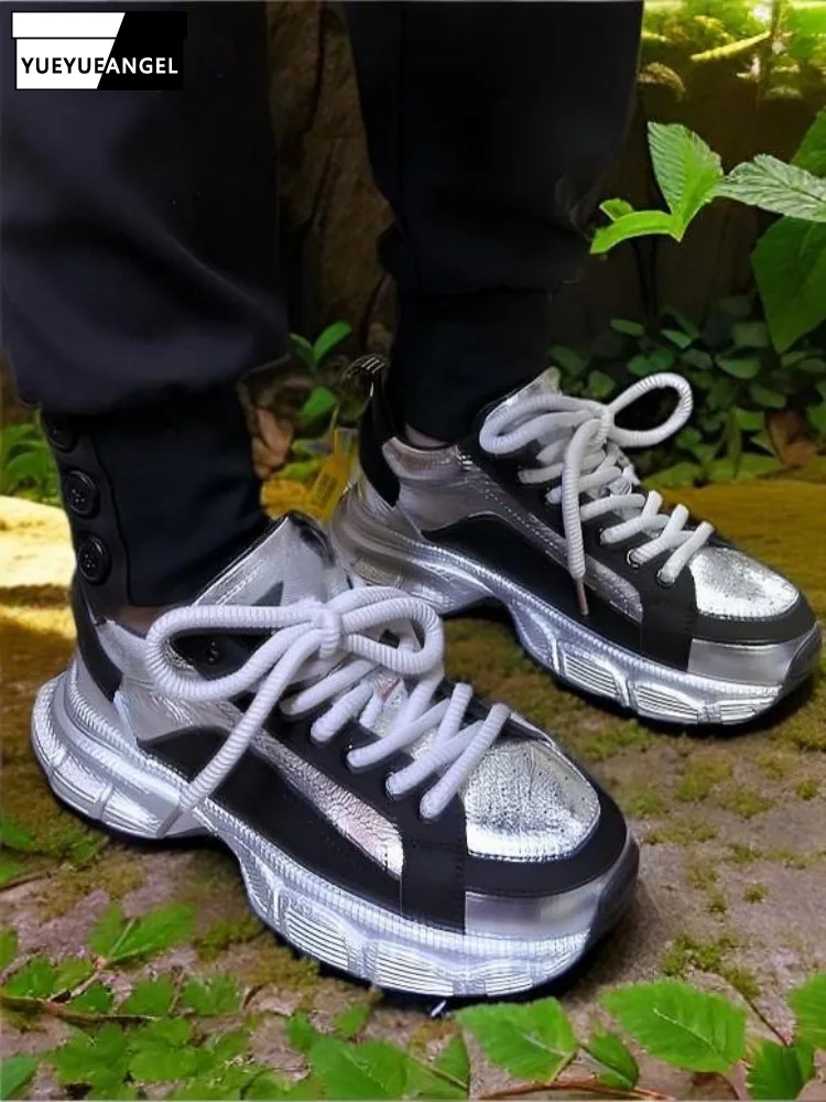 

Мужские молодежные повседневные туфли из натуральной кожи с разноцветными вставками, на шнуровке, с круглым носком, на платформе, увеличивающие рост, модная обувь из натуральной кожи