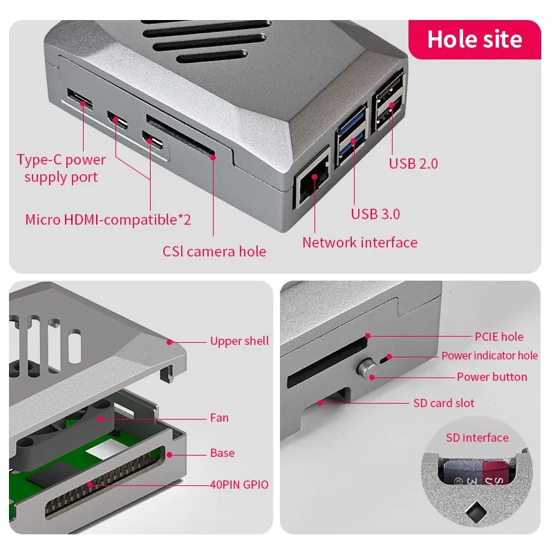 Etui z ABS dla Raspberry Pi 5 Silver ABS Shell z regulowaną prędkością wentylator chłodzący PWM kompatybilny oficjalny aktywny grzejnik do RPi 5