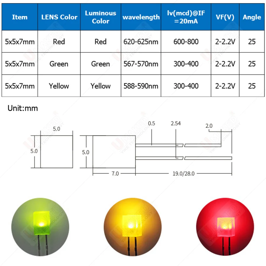 1000pcs 5x5x7 mm Square LED Diode White Red Green Blue Yellow Orange 5x5x7mm Rectangular 2V 3V DIY PCB Lights Emitting Lamp Bulb