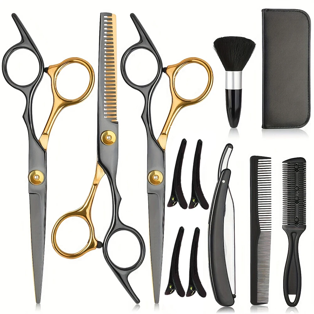 

12Pcs Professional Hair Cutting set,Stainless Steel Barber Supplies,Thinning Shears,razor，Multi Use Haircut Sets for Home Salo