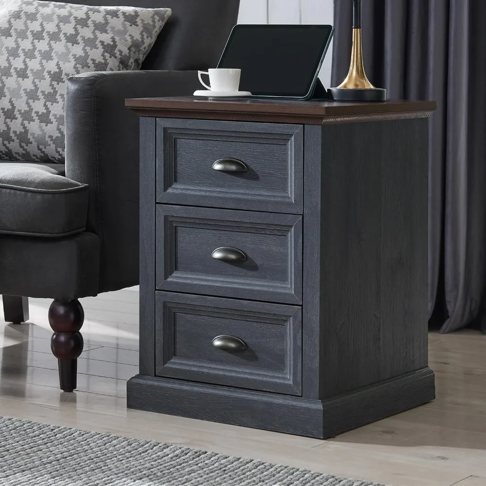 

21"H Farmhouse Nightstand w/ 3 Drawers & Charging Station—18" Wide Rustic Wood Side Table, Mini Dresser for Bedroom, Living Room
