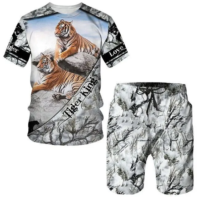 2024 Summer New Men\'s Animal Tiger Sports Set 3D Printed Animal Tiger Pattern Men\'s Short Sleeved T-shirt Set Men Two-Piece Set