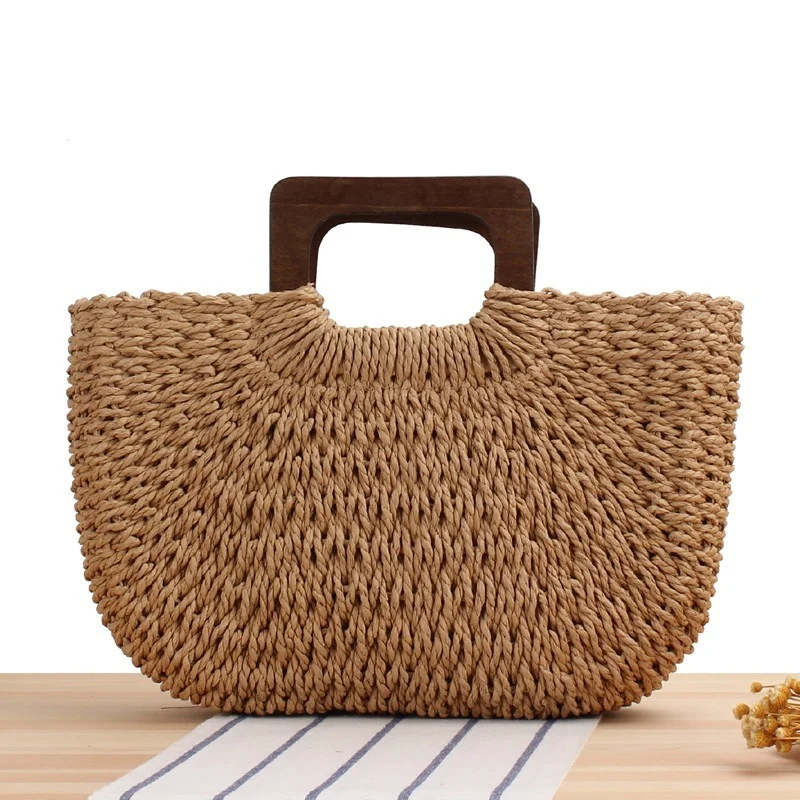 Bolso de paja de gran capacidad con asa de madera, bolsa tejida a mano simple, bolsa de playa de verano, serie Sen