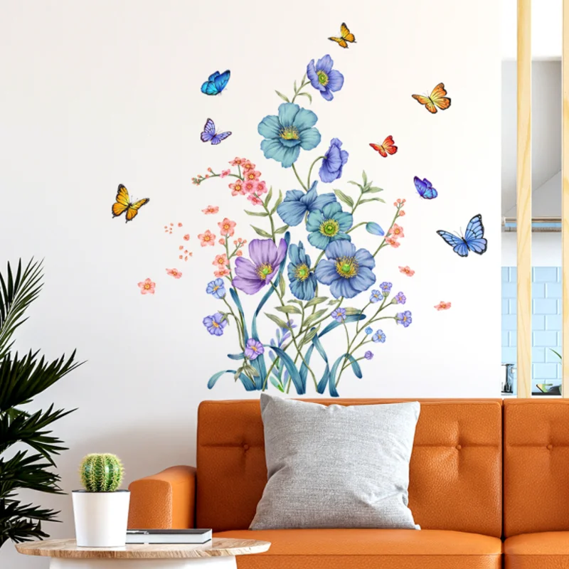 Blue Plant Flower Butterfly Wall Sticker Cartoon Children Bedroom Background Decoration Kindergarten Classroom Sticker Removable