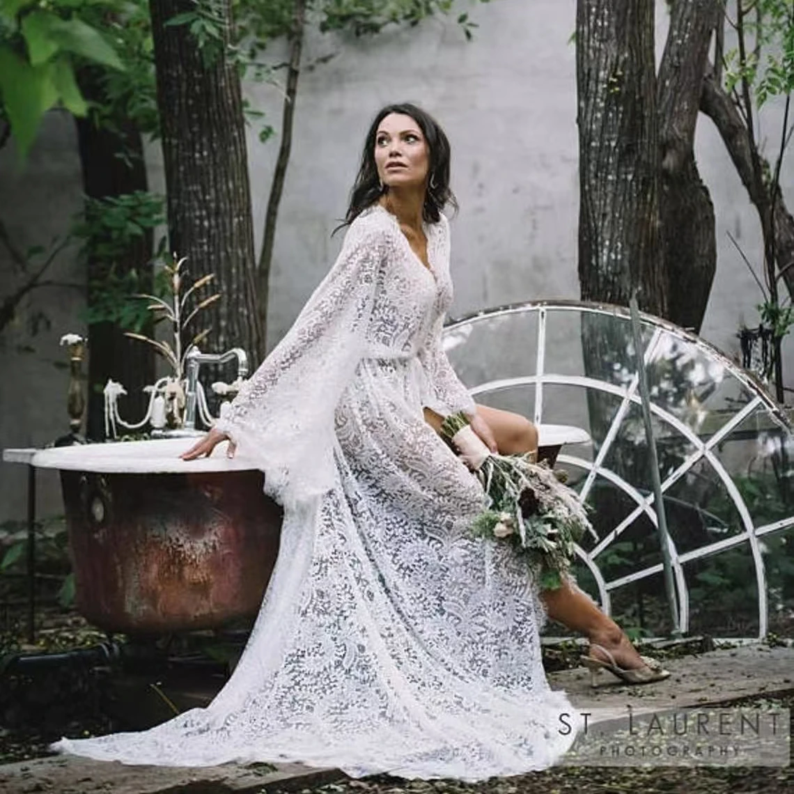 Boho Maternity Dress For Photography Bohemian Maternity Photography Long Dress Sides Slit Long Train Pregnancy Photo Shoot Dress