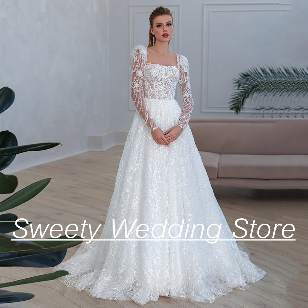 

Jiayigong Lace Wedding Dress Square Neck Long Sleeves Glitter Applique Sweep Train Backless A Line Bridal Gown Robe De Mariage