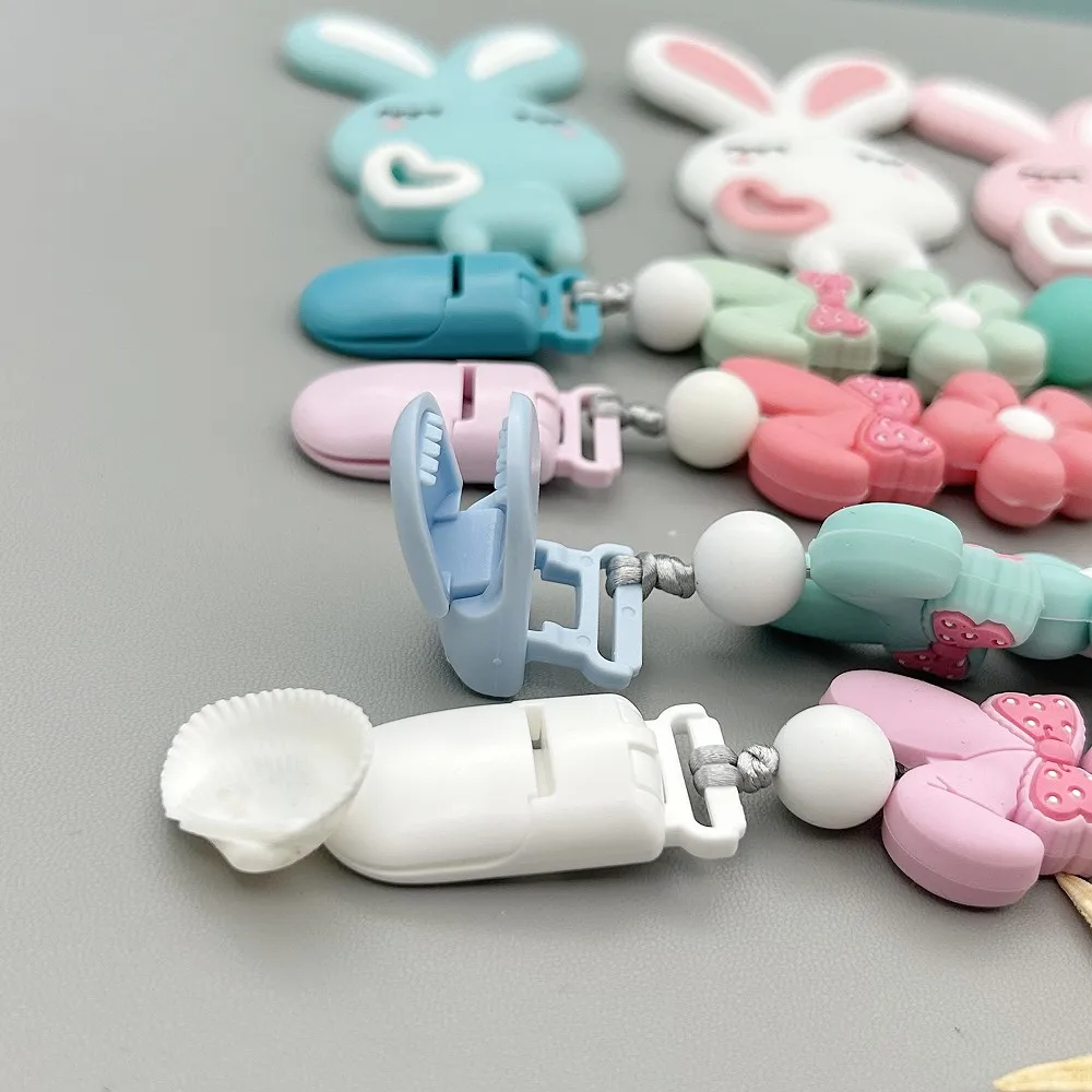 아기 Kawaii 장난감 선물 맞춤형 편지 이름 아기 토끼 실리콘 빛나는 구슬 펜던트 젖꼭지 클립 체인 홀더 Teether