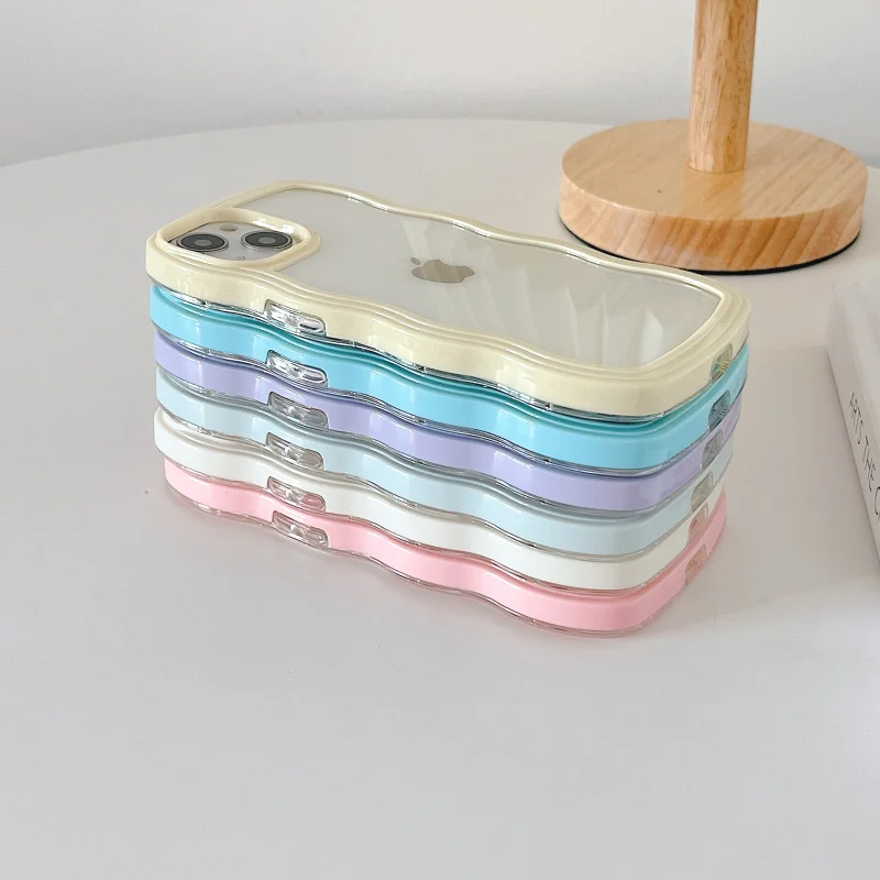 Fashion Chic Wavy Transparent Phone Case For Iphone 11 12 13 14 15 Pro Max X XR XS Shockproof Bumper Pink Blue Purple Cover