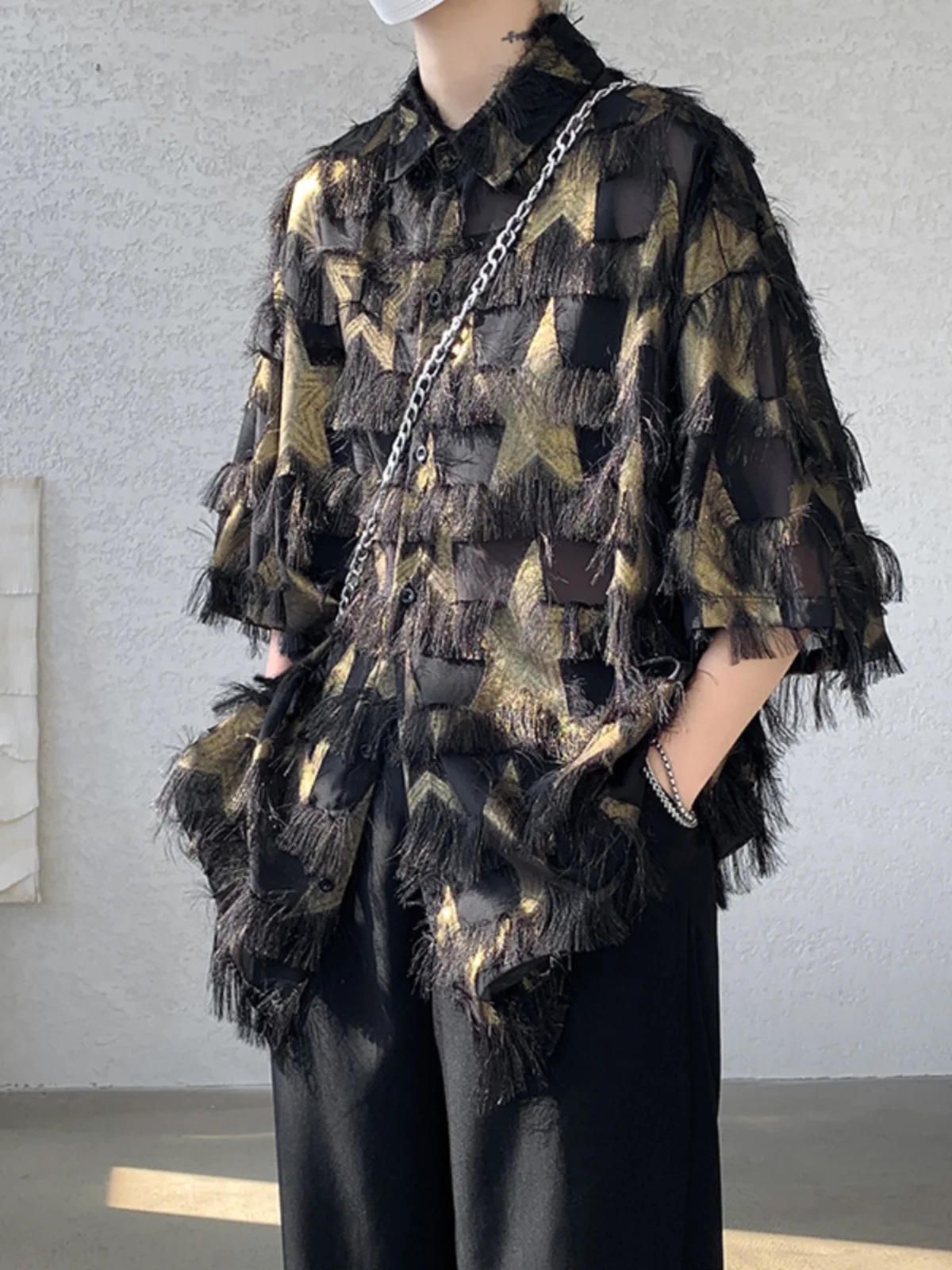 

Heavy Embellied ort Sve Мужское irt Summer Faion Защита от солнца с бахромой Свободный крой из полиэфирного волокна Ice Sensa...