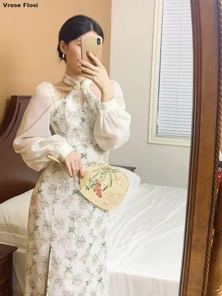 

2024 Improved Chinese-style Qipao Sleeveless Halter Neck Cheongsam Dress Slim Bodycon Elegant Sexy Summer Wear Party Performance