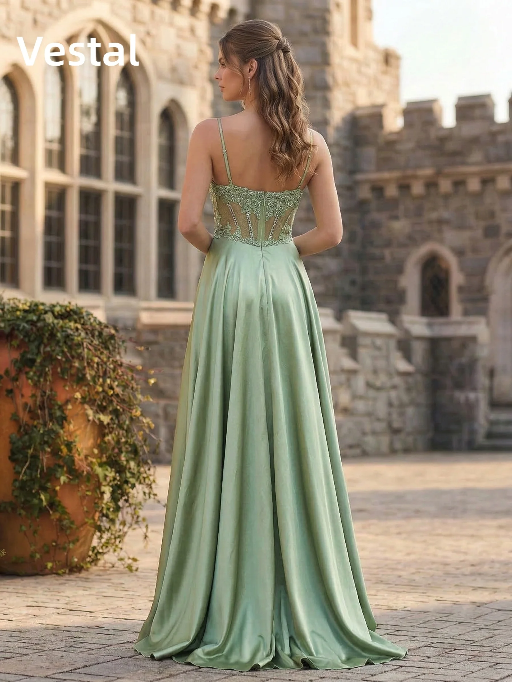 Vestal Sage Green Lace Corset Prom Dress for Women Satin High Slit A line Formal Evening Party Gown Wedding Guest Customized view 2