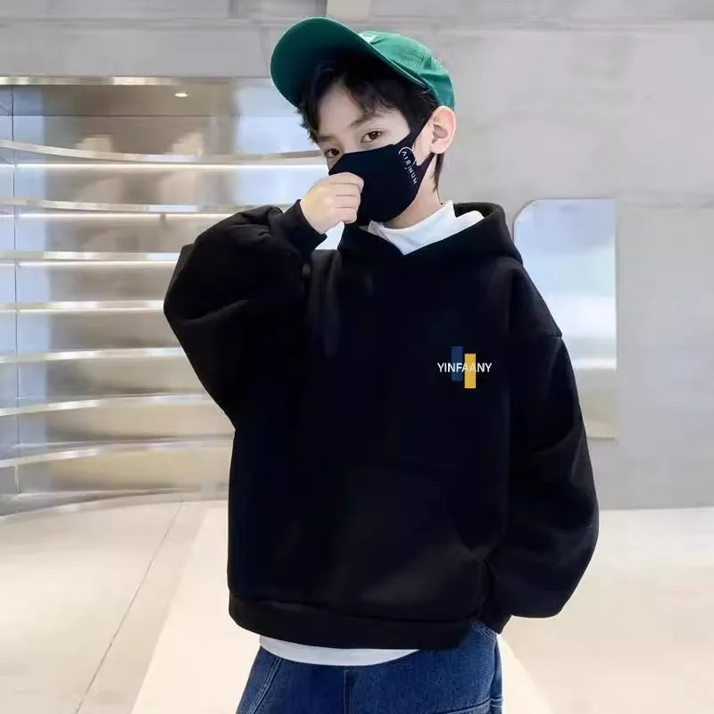 

2025 New American Trendy Boys Autumn Winter Fleece-Lined Hooded Sweatshirt - Eye-Catching Cool Style Kids Top