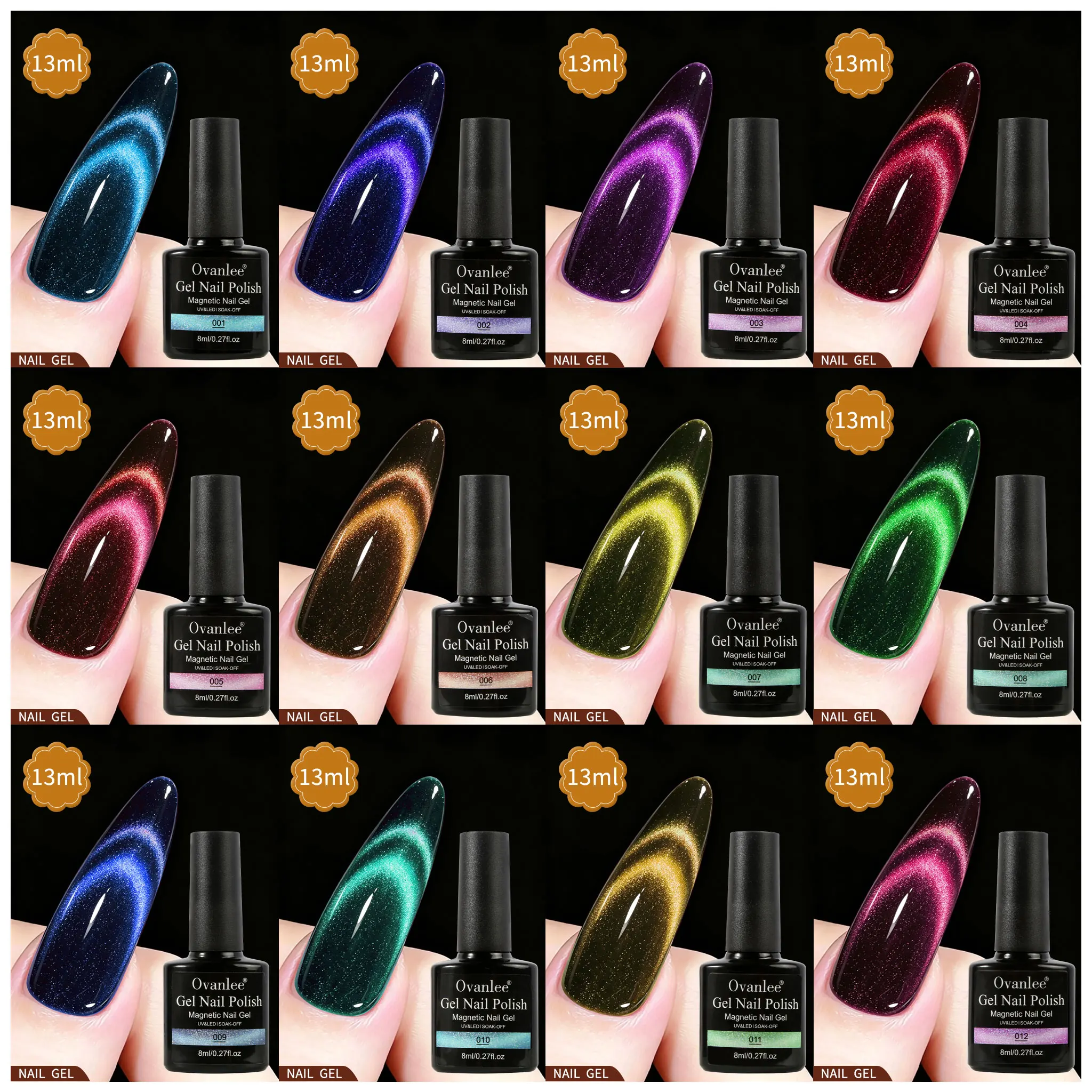 6pc 12 Colors Available Reflective Cat Eye Magnetic Soak-Off UV LED Gel Nail Polish, Fashion Holographic Nail Art Tools For Wome