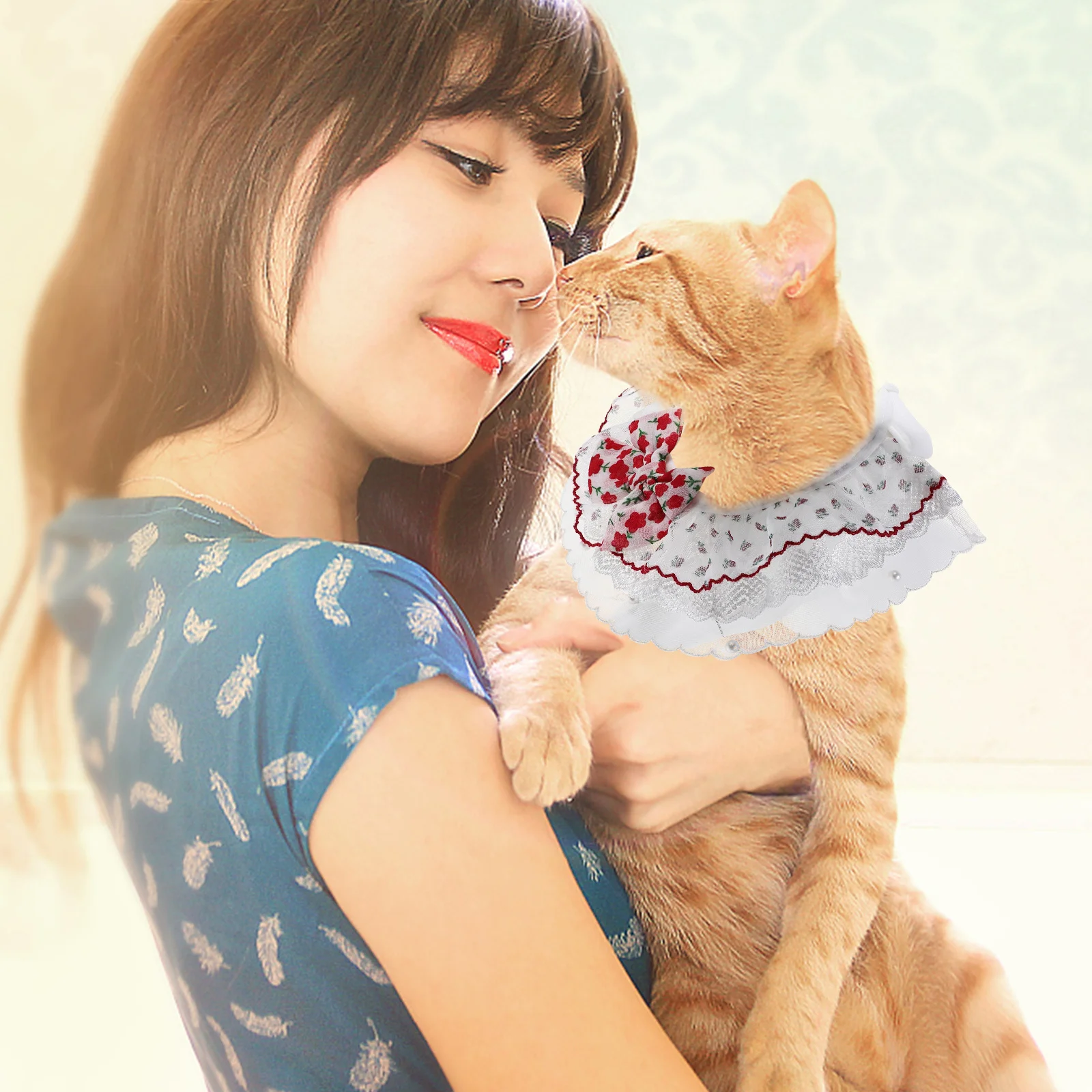 

1 Piece Pearl Bowknot Cat Collar with Colorful Lace Flower Adjustable Lightweight Decorative Pet Collar for Kitten Puppy Small
