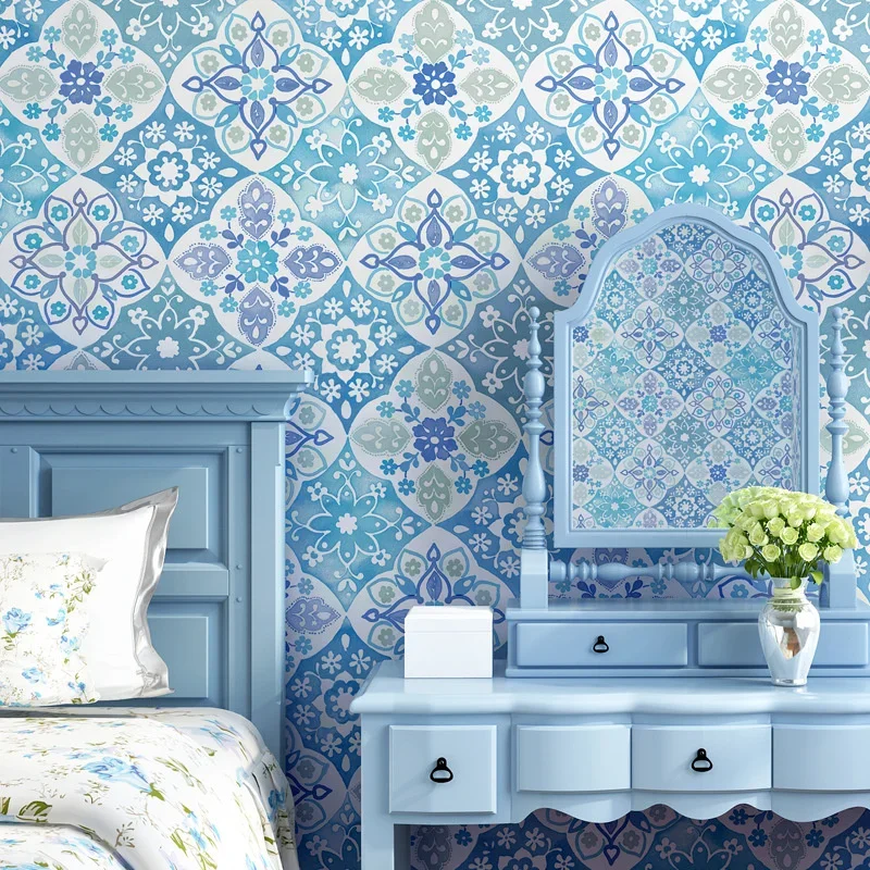 Imitation ceramic tile wallpaper Bohemian national style Mediterranean style living room bedroom TV background wallpaper