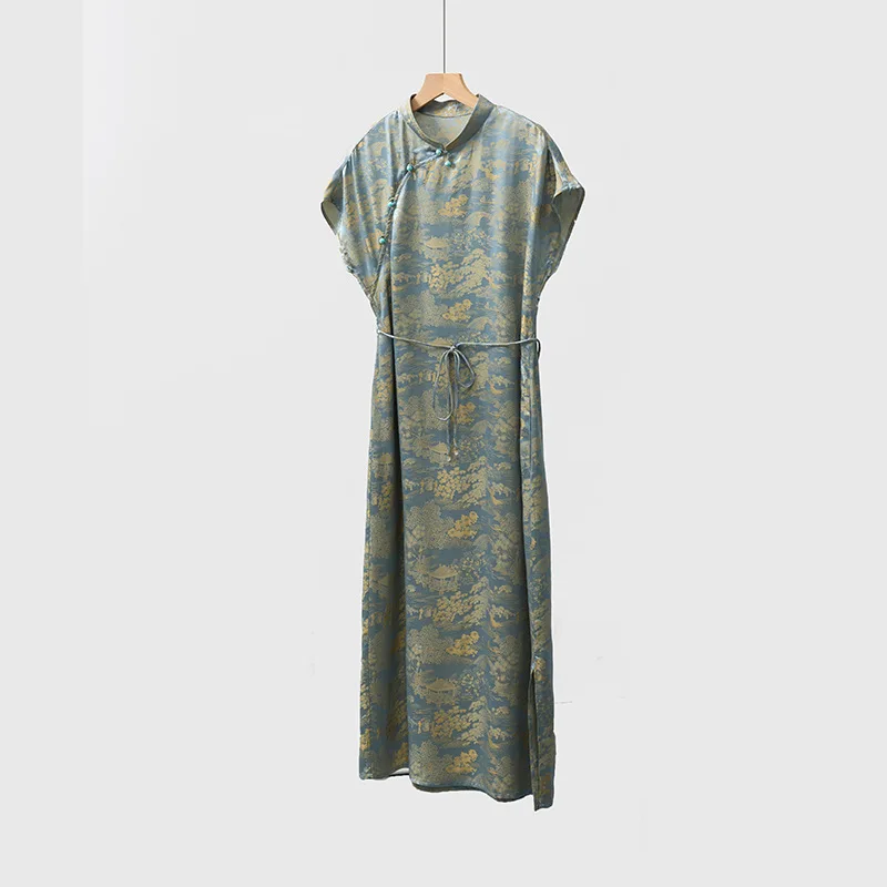 Robe Cheongsam en Satin Jacquard de Haute Qualité, Nouveau Style Chinois, Manches Initiées, Col Rond