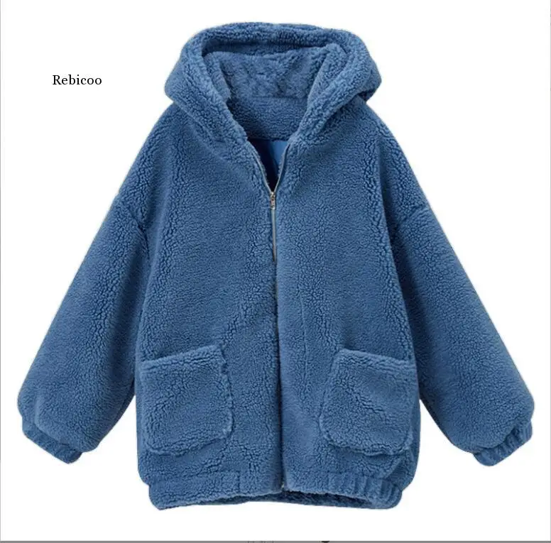 

Elegant Faux Fur Loose Coat Women 2022 Autumn Winter Thick Warm Soft Fleece Female Pocket Zipper Overcoat