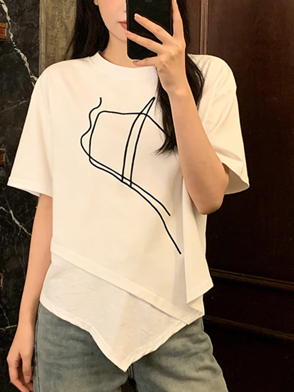 

Summer New plus Size Korean Design Sense Asymmetric Color Block Embroidery Slim Short Sleeve T-Shirt Women's Casual Fashion