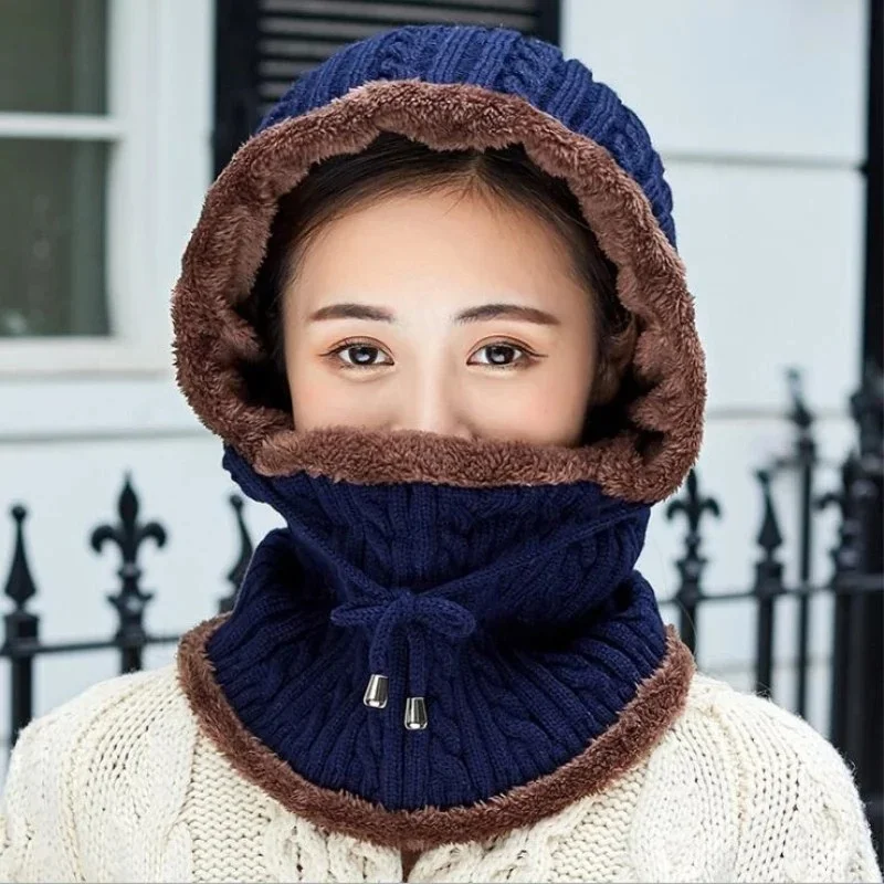 Women Fashion Warm Winter Knitted Hat Scarf  Women Warm Mask Thick Girl Female Caps Fashion Accessories