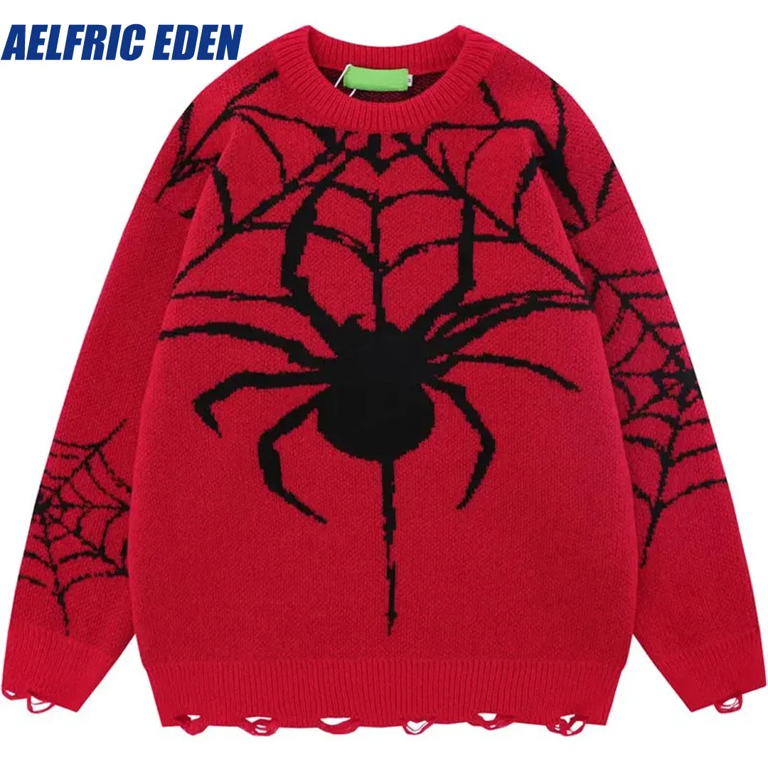 Aelfric Eden lavorato a maglia Spider Web Hole Jumper uomo maglione strappato Y2K Hip Hop Streetwear Harajuku Punk Goth maglioni Pullover larghi