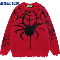 Aelfric Eden örme örümcek Web delik Jumper erkekler yırtık kazak Y2K Hip Hop Streetwear Harajuku Punk Punk gevşek kazak kazak