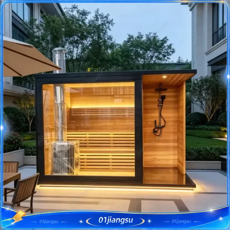 Outdoor Cube Sauna Shower Combo 4-6 Person Wood Burning Stove Red Cedar Dry Sauna Room for Backyard Spa Home Wellness Gift