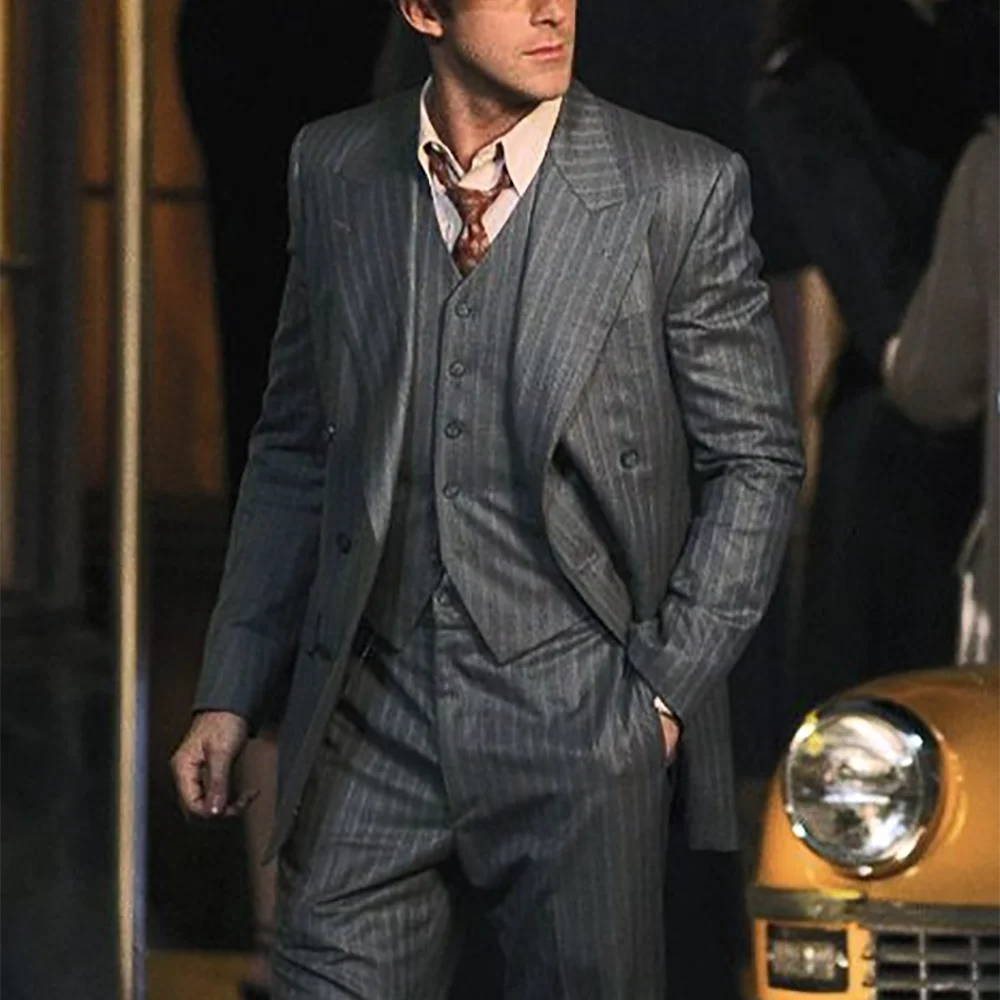 

Peaked Lapel Gray Striped Suit For Men Business Three Pieces Elegant Double Breasted Slim Fit Formal Office Social Party Set