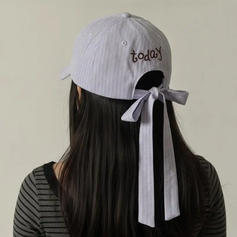 Embroidered Letter Baseball Cap Striped Design Sweet Bow Tie Sports Hat Bow Ribbon Design Cotton Material Embroidered Letter Ca