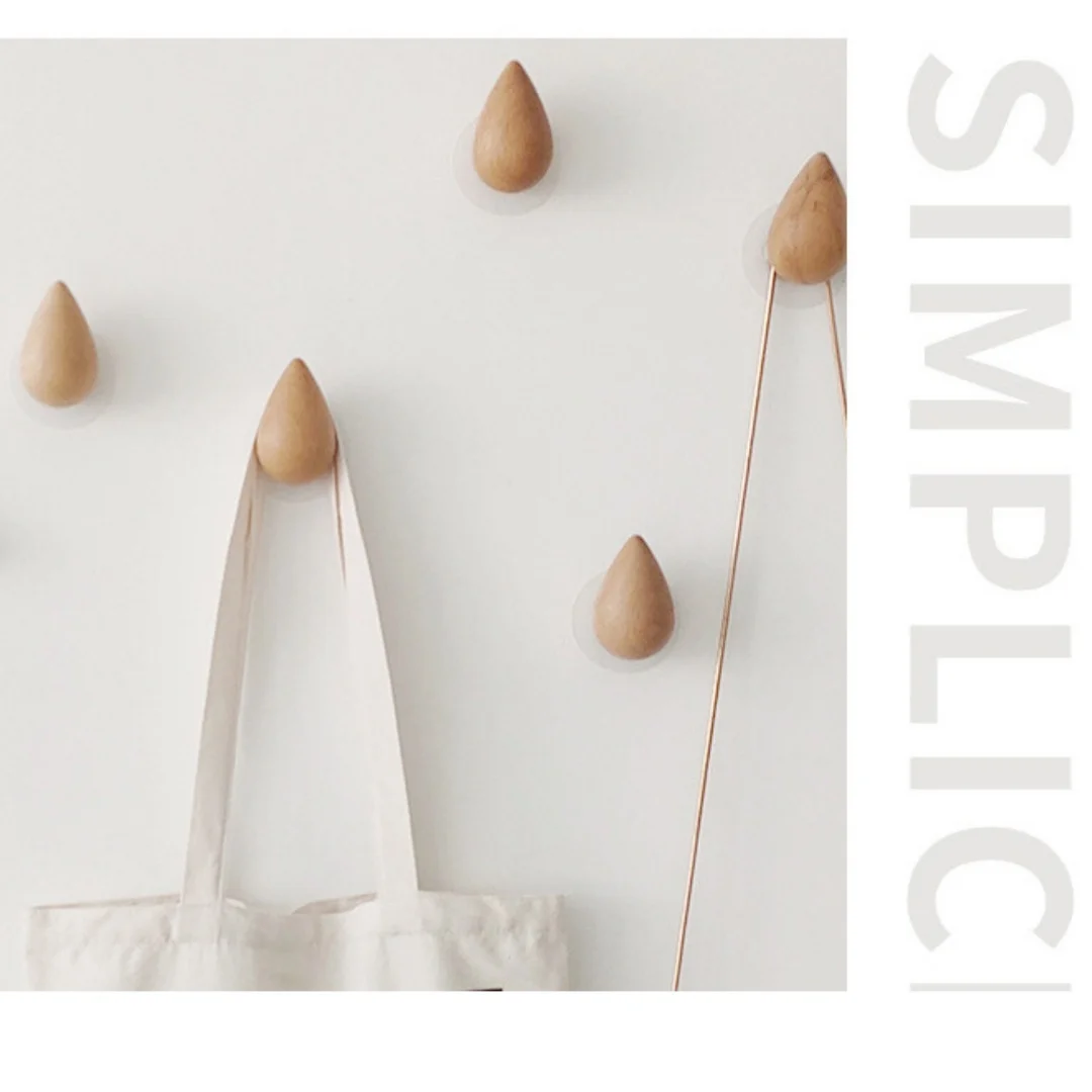 Beech Wood Teardrop Wall Hooks, Self-Adhesive No Drill Decorative Hangers for Coats Towels, Nordic Style for Bathroom Kitch
